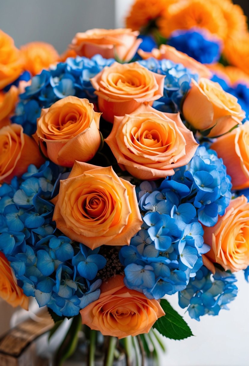 A bouquet of apricot roses and blue hydrangeas arranged in a vibrant orange and blue color scheme