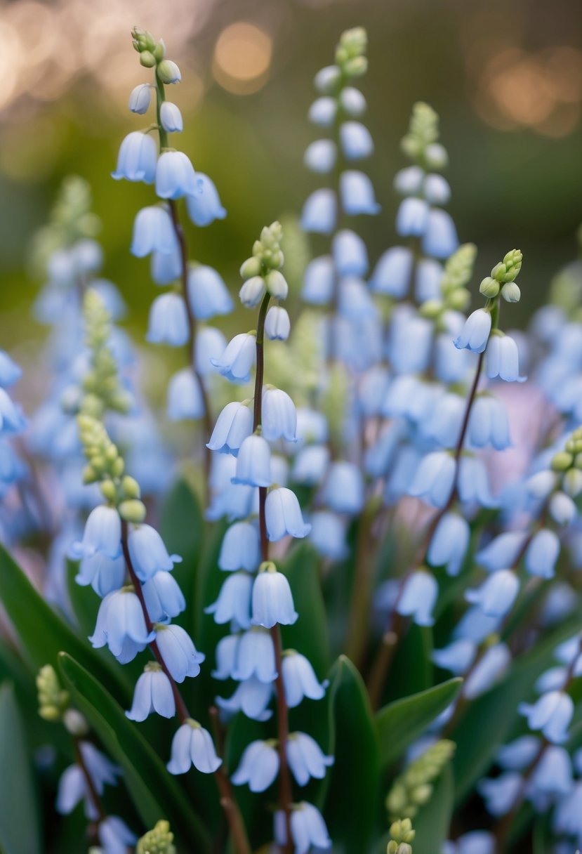 A delicate bouquet of baby blue muscari sprigs in a pastel color palette