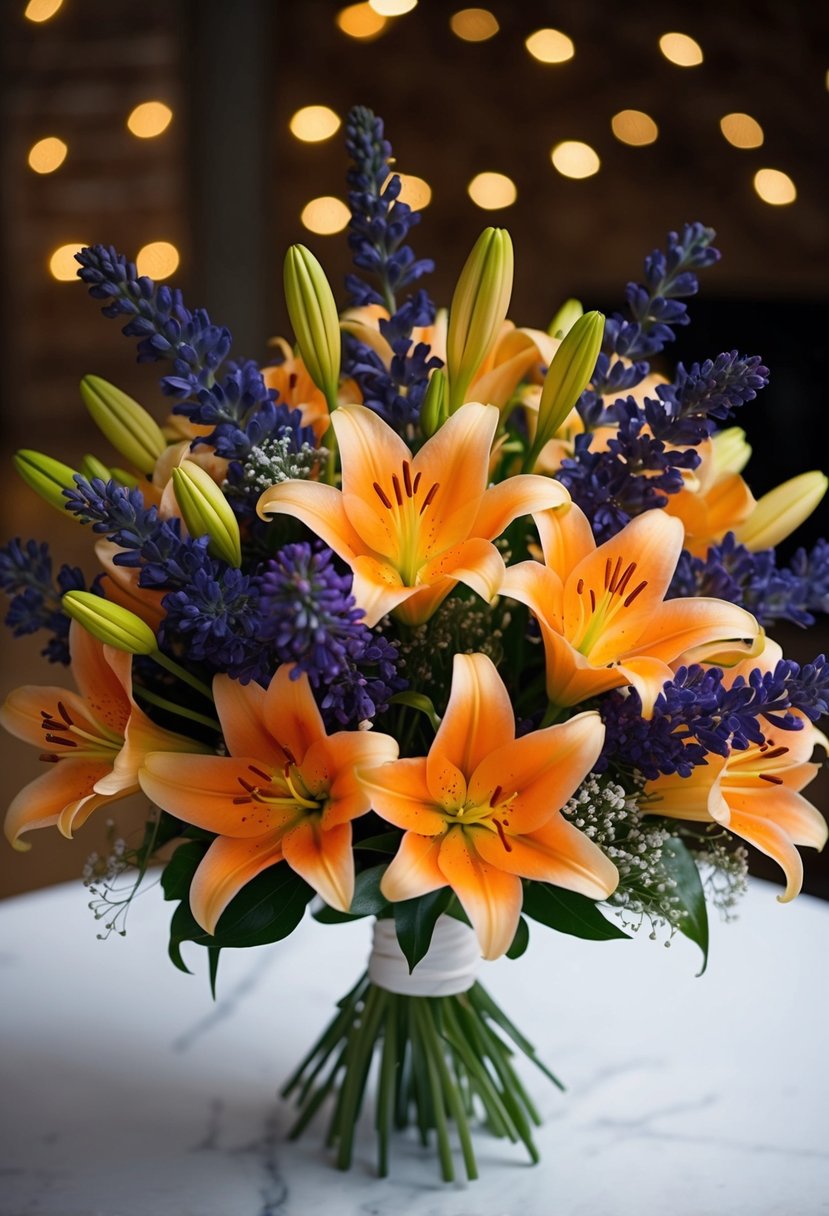 A bouquet of indigo lavender and bright orange lilies arranged in a delicate wedding bouquet