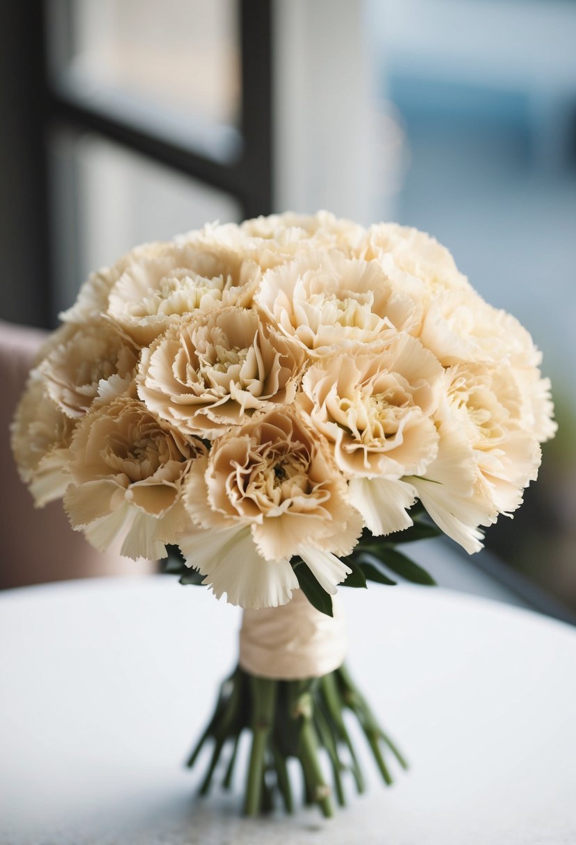 A delicate wedding bouquet of champagne beige carnations in pastel colors