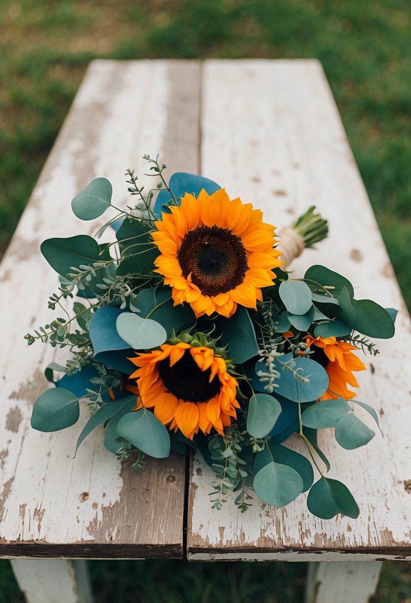 A rustic sunflower and soft blue eucalyptus orange and blue wedding bouquet resting on a weathered wooden table