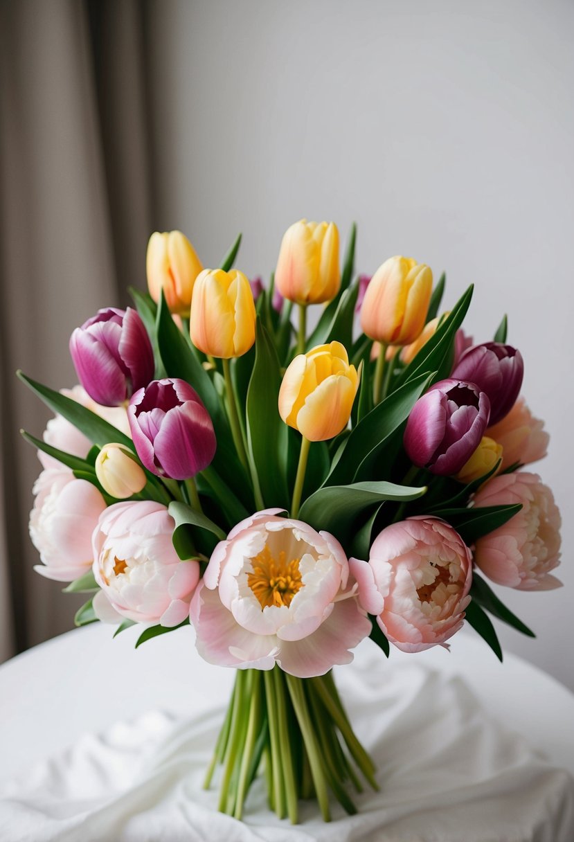 A vibrant bouquet of tulips and peonies arranged in a delicate and elegant manner, perfect for a wedding celebration