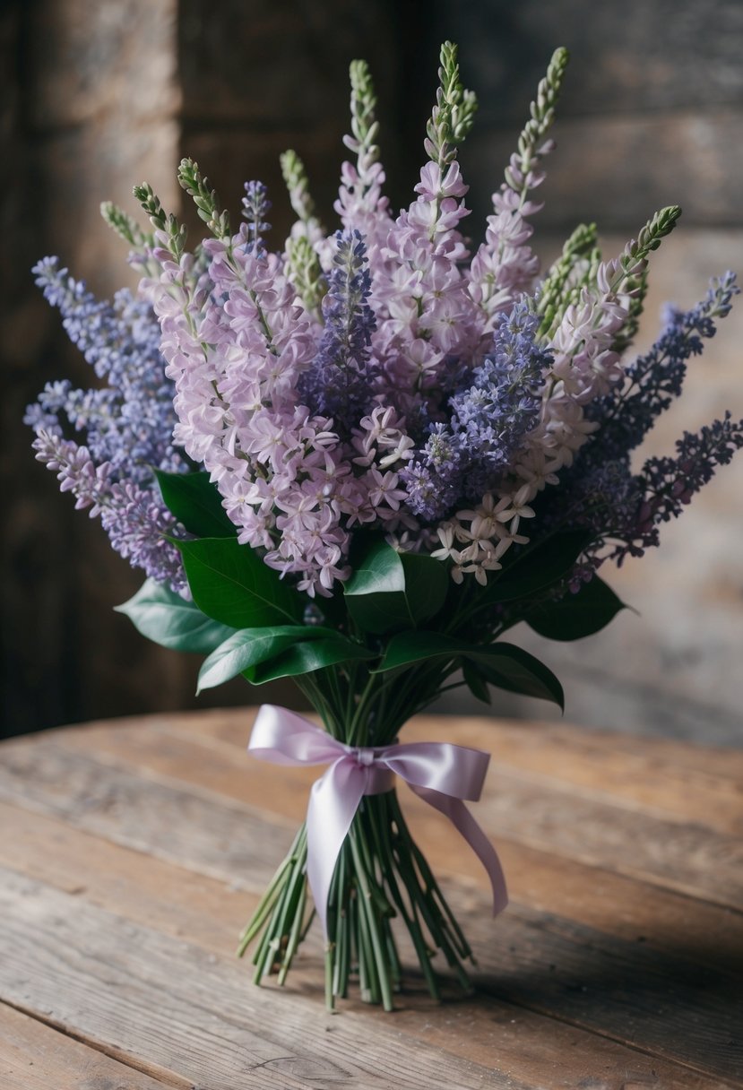 A delicate bouquet of lilac and lavender sprays, tied with a satin ribbon, sits on a rustic wooden table