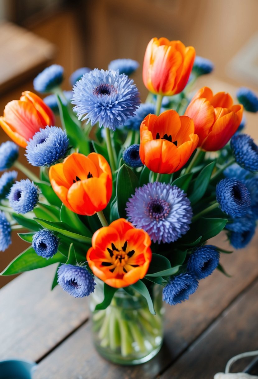 A vibrant bouquet of cornflower blue asters and fiery orange tulips