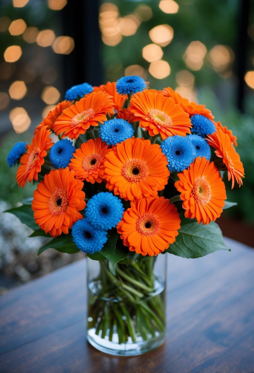 A vibrant bouquet of orange gerberas with sky blue fillers