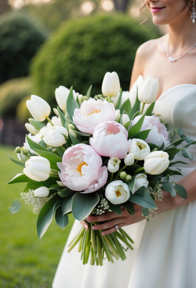 A lush bouquet of peonies and white tulips arranged in a delicate, romantic wedding bouquet