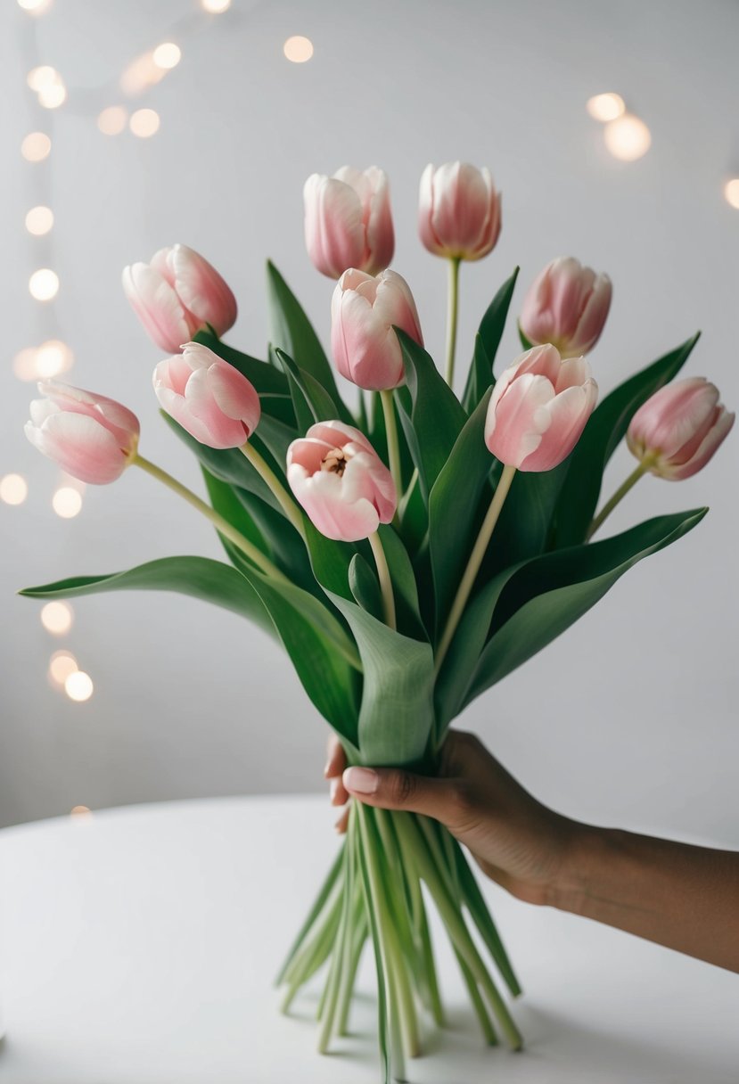 A simple bouquet of tulips and peonies arranged in a minimalist style