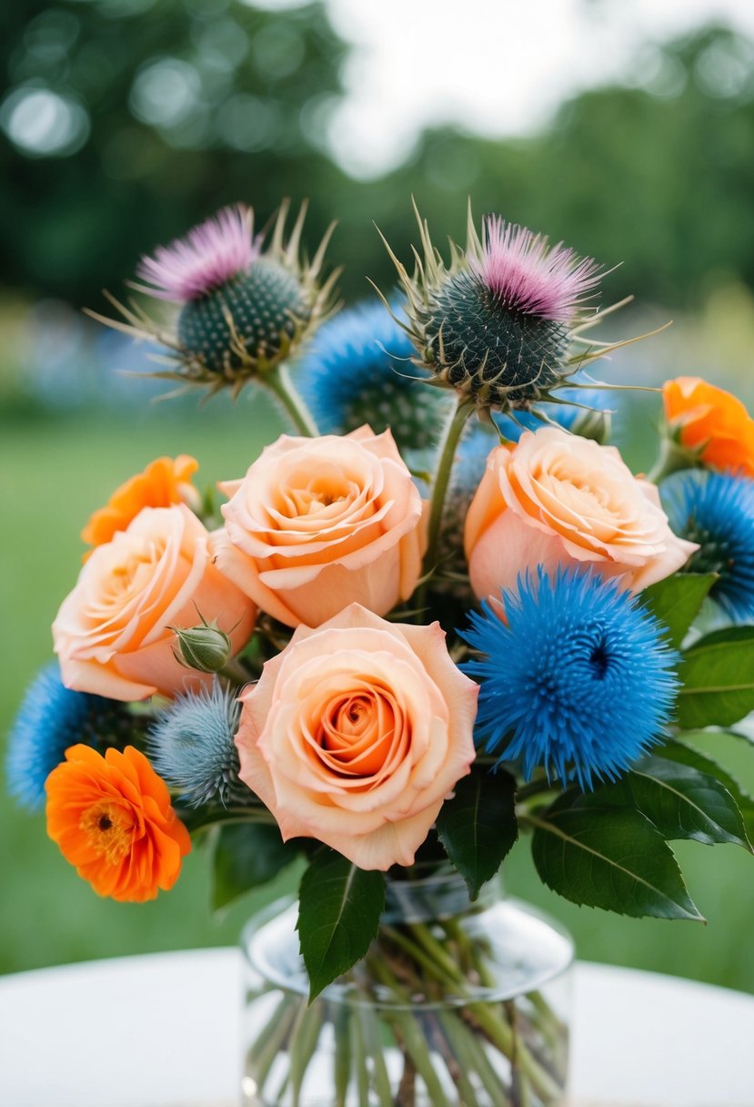 A bouquet of peach roses and soft blue thistle, accented with orange and blue flowers