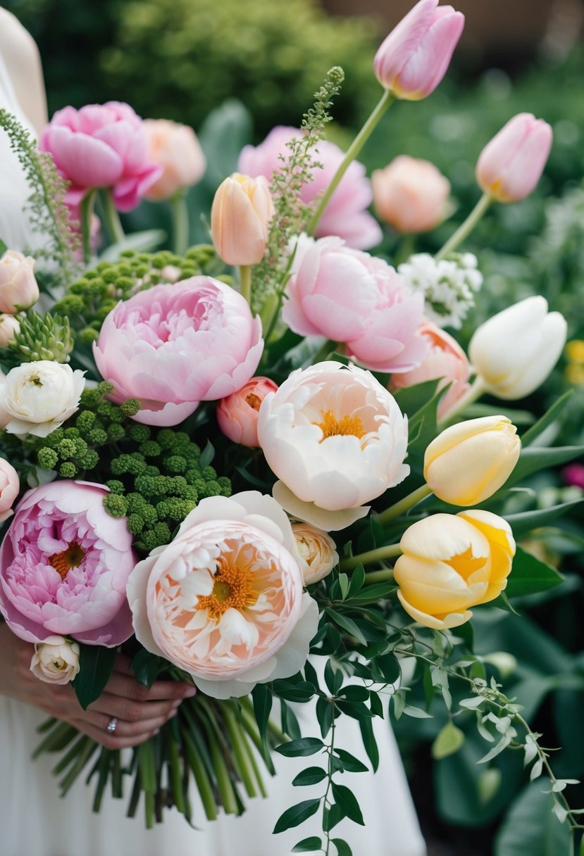 A lush garden bouquet of roses, peonies, and tulips, with soft, pastel colors and delicate greenery