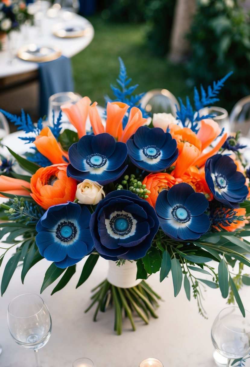 A lush bouquet of navy blue anemones and coral orange flowers, accented with vibrant blue foliage, creates a stunning wedding centerpiece