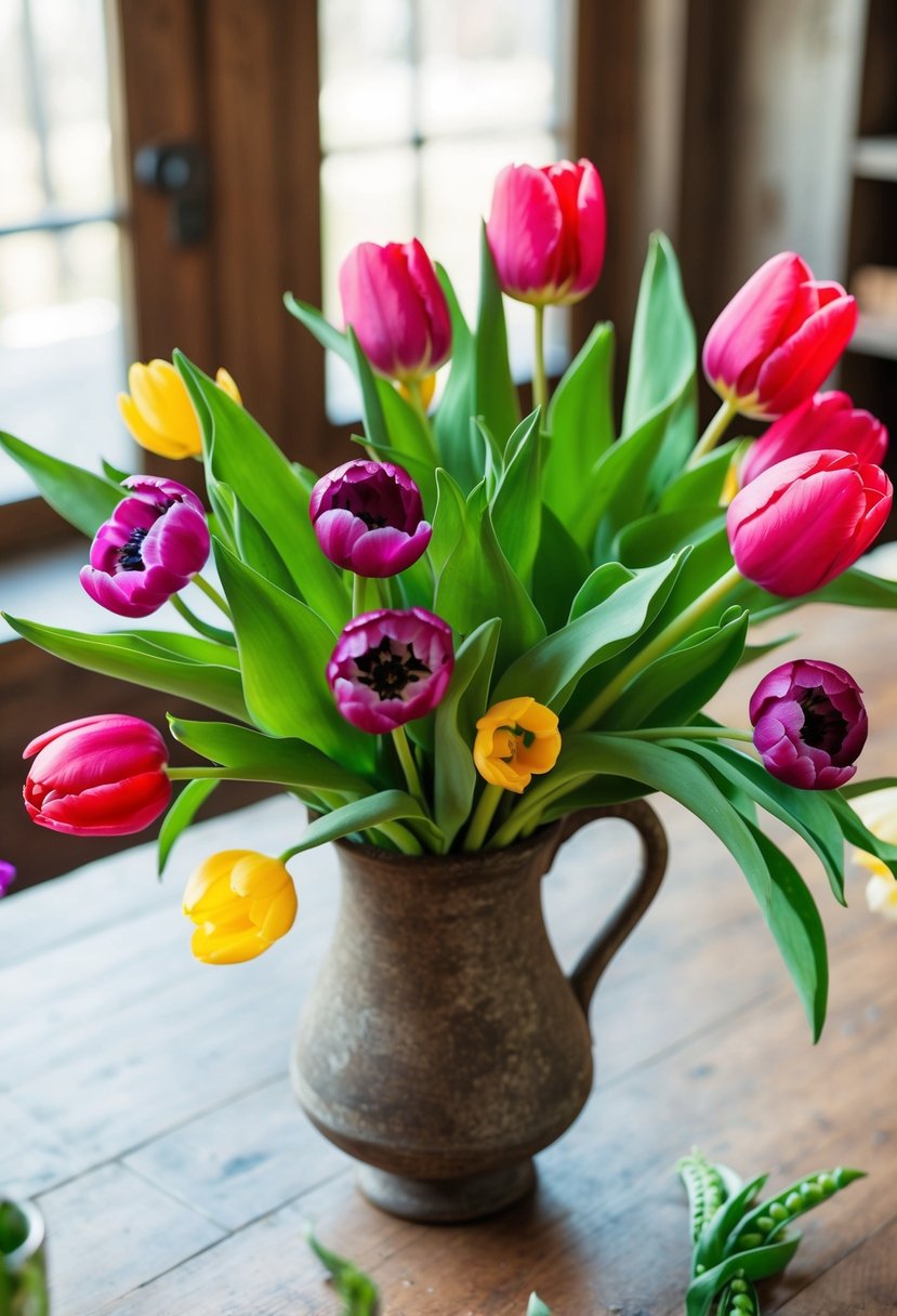 A vibrant bouquet of tulips, peonies, and sweet peas in a rustic vase