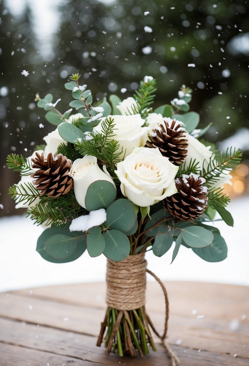 A rustic bouquet of white roses, eucalyptus, and pinecones tied with twine. A cozy winter wedding scene with snowflakes falling in the background