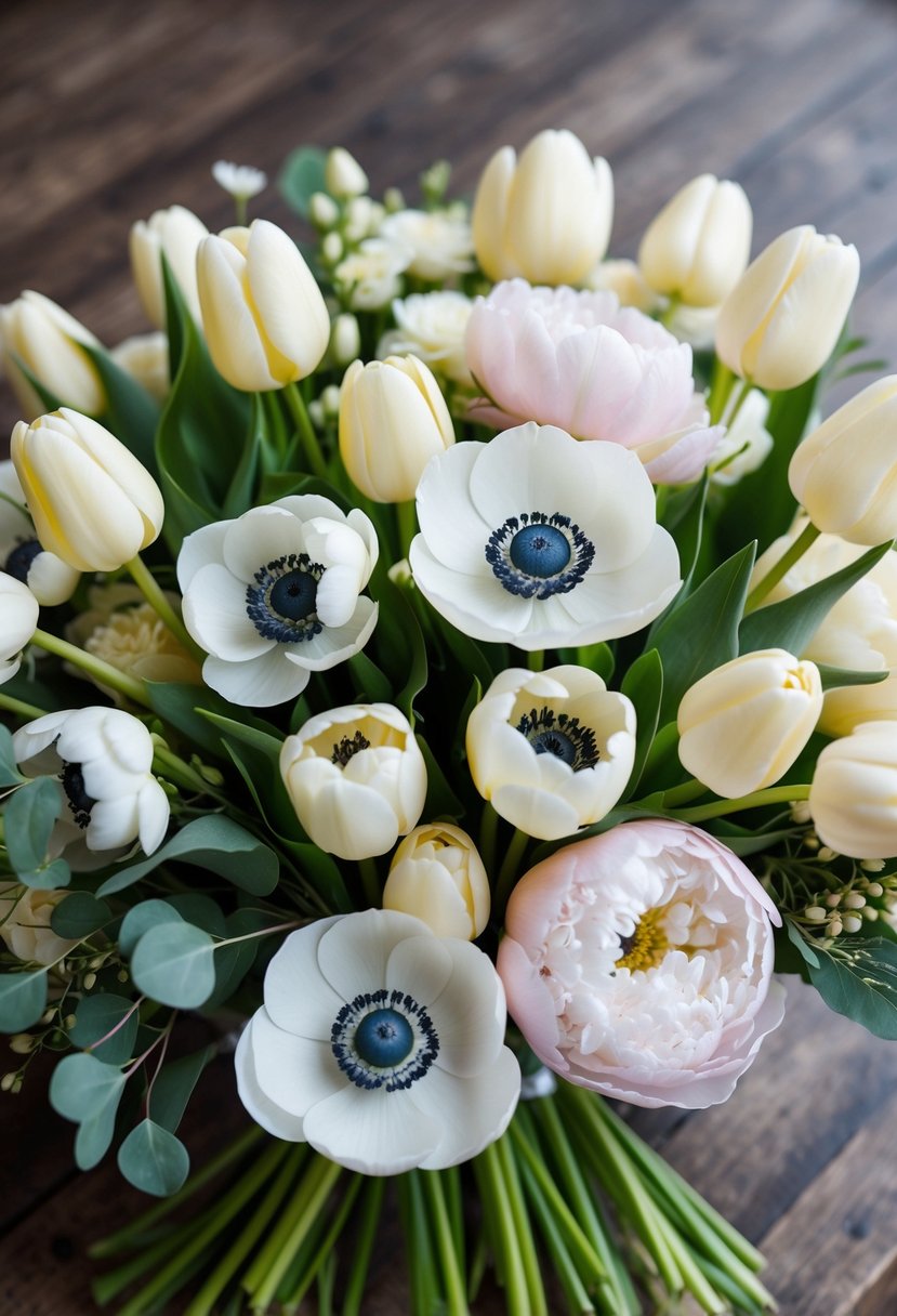 A lush bouquet of creamy tulips, anemones, and peonies arranged in a delicate and romantic wedding bouquet