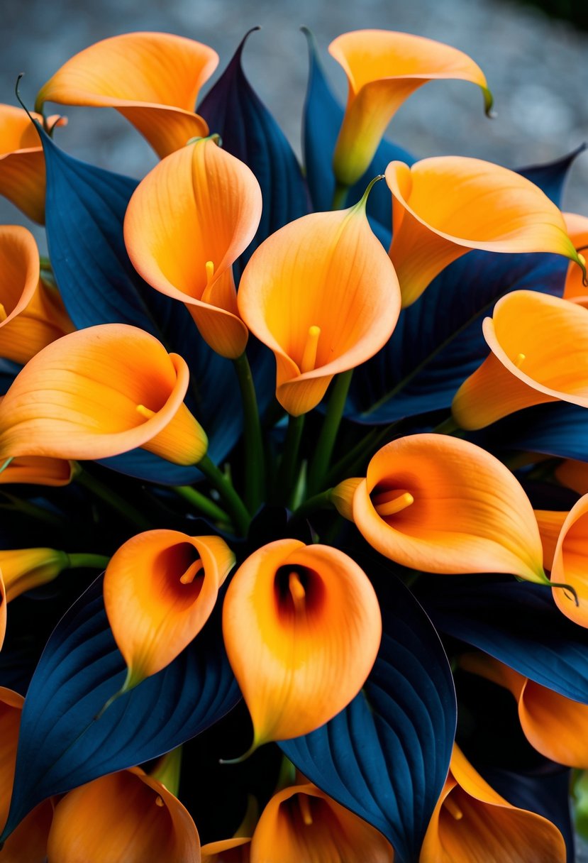 Orange calla lilies surrounded by navy leaves, creating a vibrant and elegant wedding bouquet