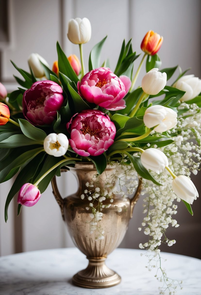 A lush bouquet of vibrant peonies and delicate Baby's Breath tulips cascading from a vintage vase