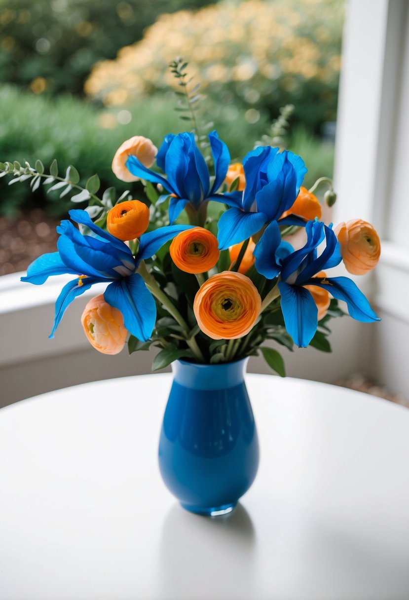 A cerulean iris and tangerine ranunculus bouquet in a blue vase on a white table