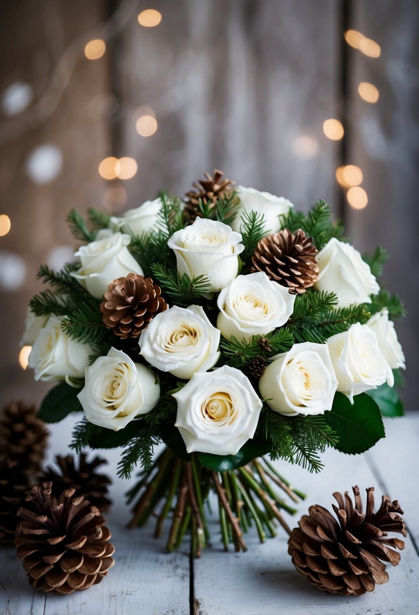 A bouquet of white roses and pinecones arranged in a rustic, winter-themed setting