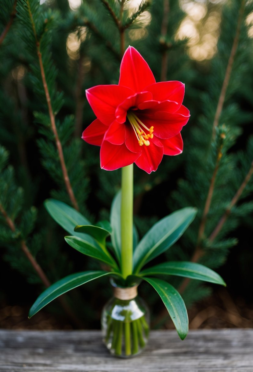 A vibrant red amaryllis stands out against a backdrop of lush green cedar branches, creating a stunning January wedding bouquet