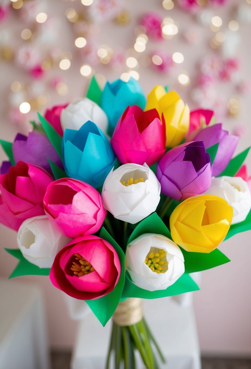 Colorful tissue paper tulips and peonies arranged in a wedding bouquet