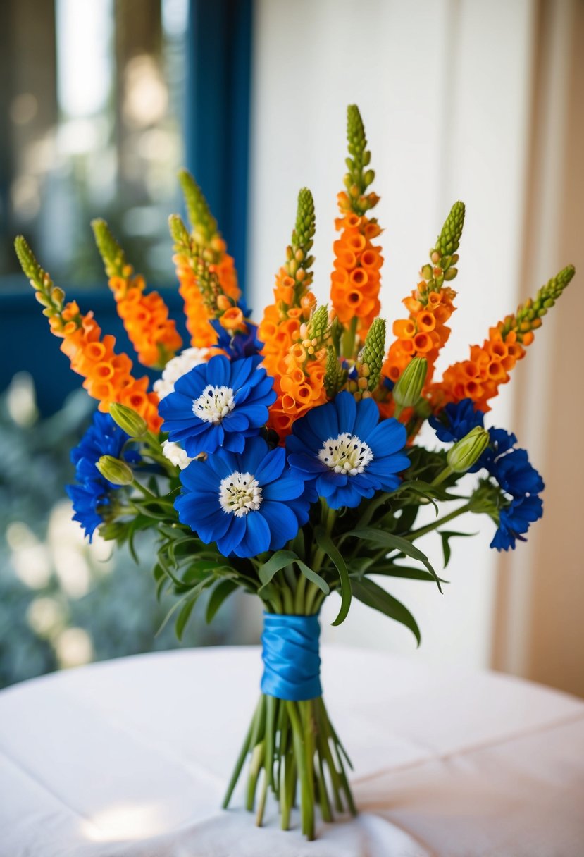 A vibrant wedding bouquet with blue cornflowers and orange snapdragons