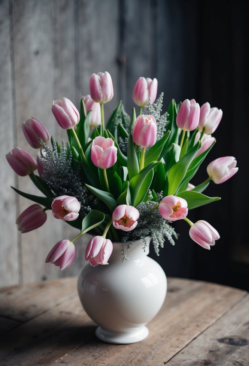 A bouquet of delicate pink tulips mixed with silvery Brunia, arranged in a white vase on a rustic wooden table