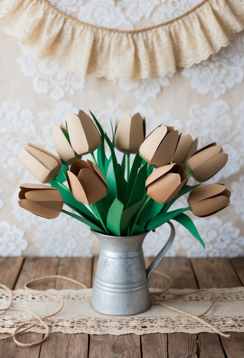 A rustic wooden table adorned with a bouquet of kraft paper tulips and peonies, set against a backdrop of vintage lace and twine