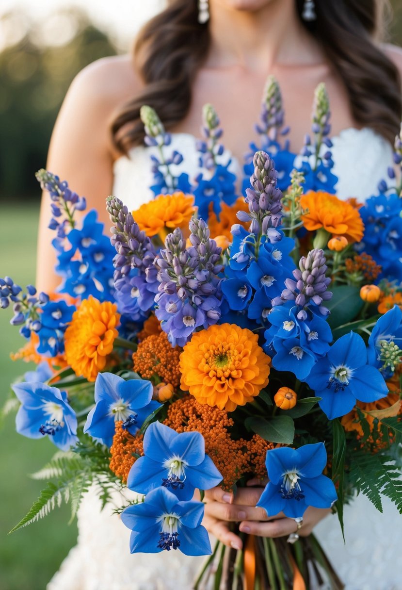 A vibrant wedding bouquet featuring azure delphiniums with pops of autumn orange accents