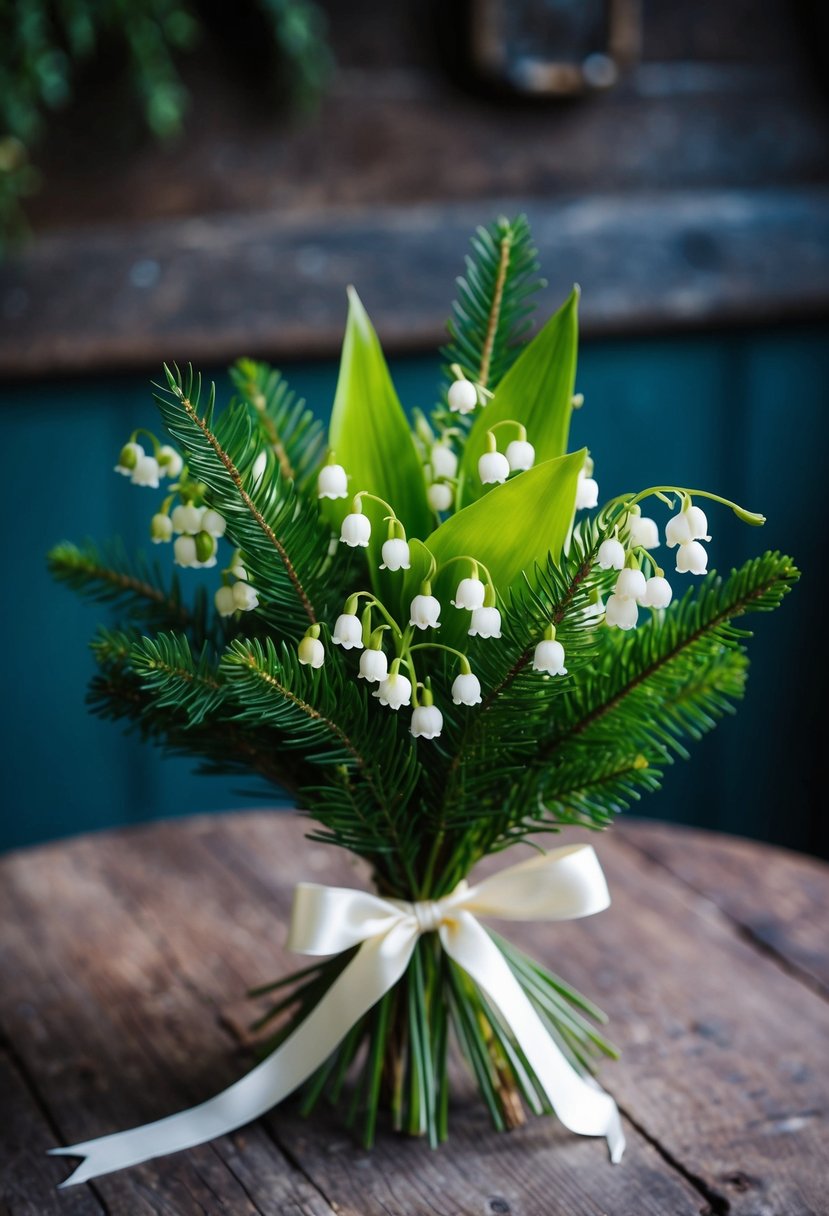 A delicate bouquet of Lily of the Valley and Pine, tied with a satin ribbon, sits on a rustic wooden table