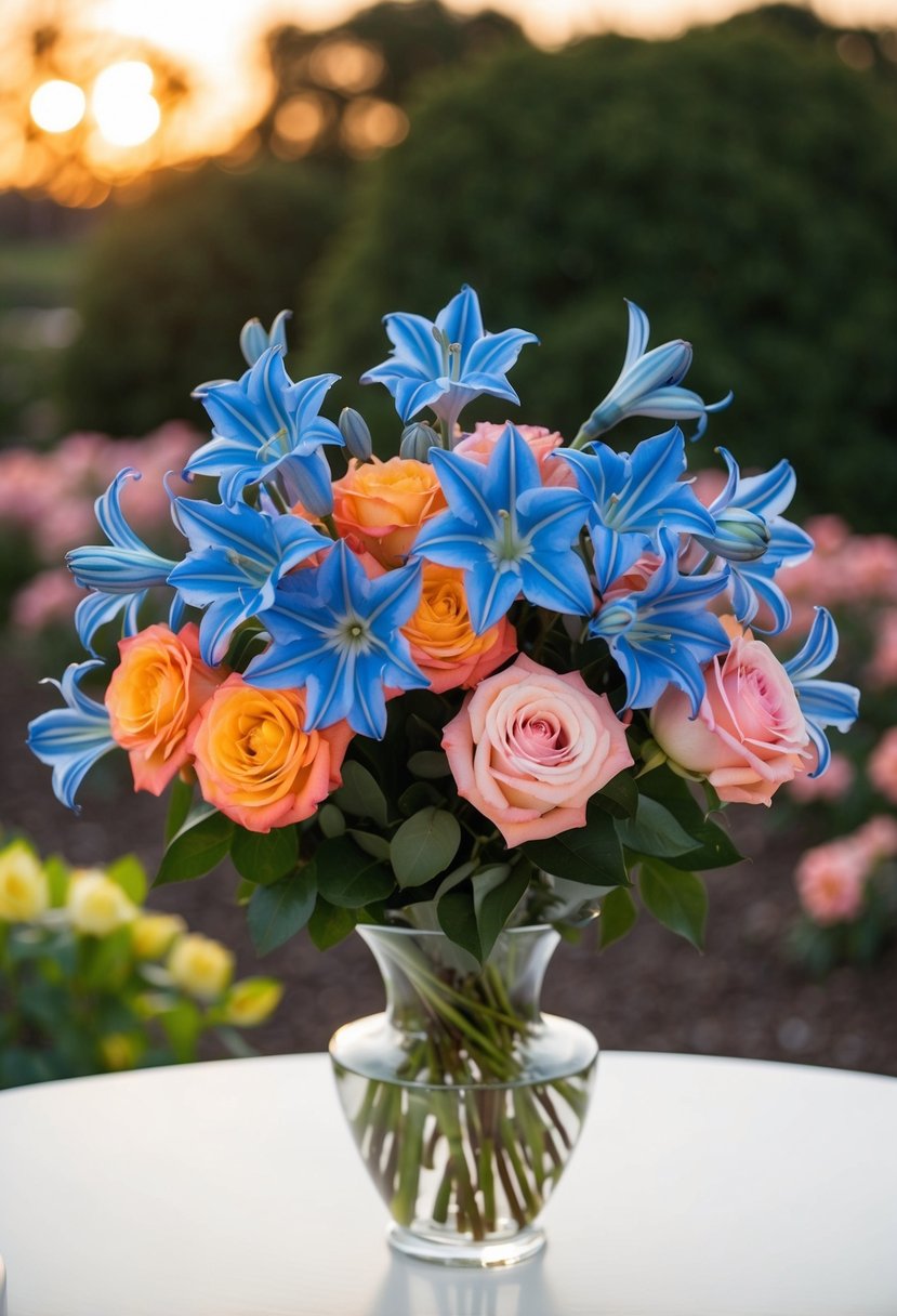 A bouquet of blue agapanthus and sunset-hued roses