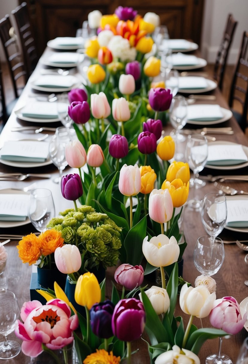 A table adorned with a variety of tulips and peonies in different colors and arrangements, with bridal bouquet designs displayed for inspiration