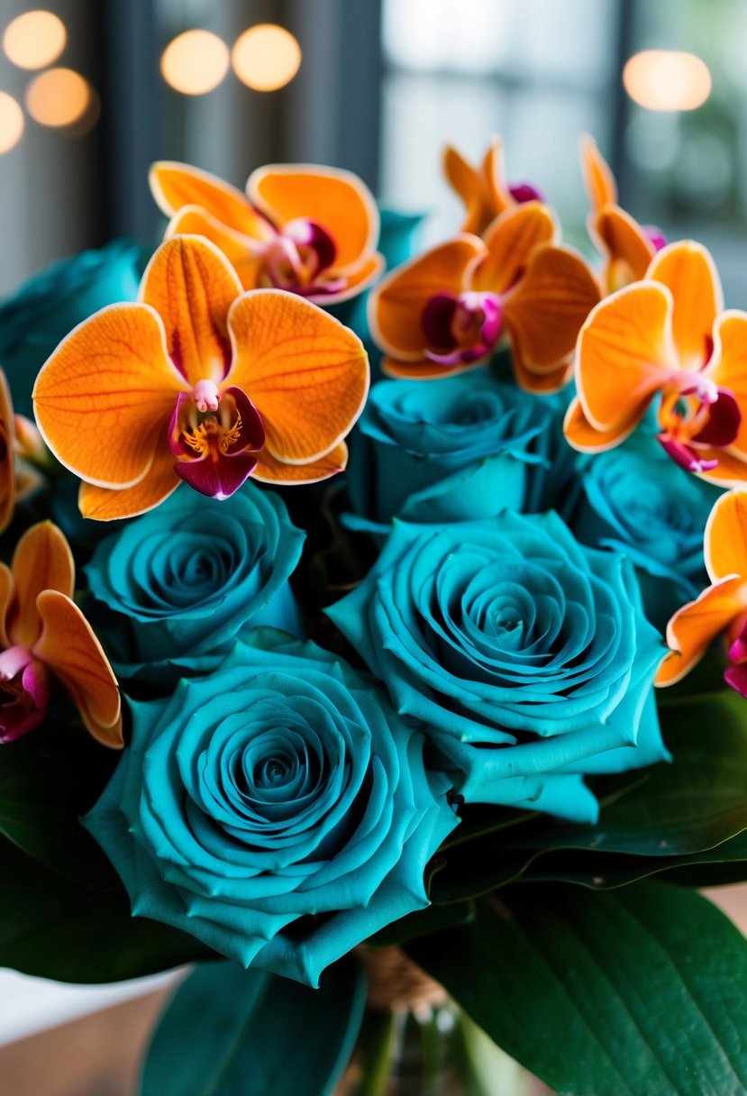 A bouquet of teal-blue roses and rust orange orchids arranged together in a stunning display of contrasting colors