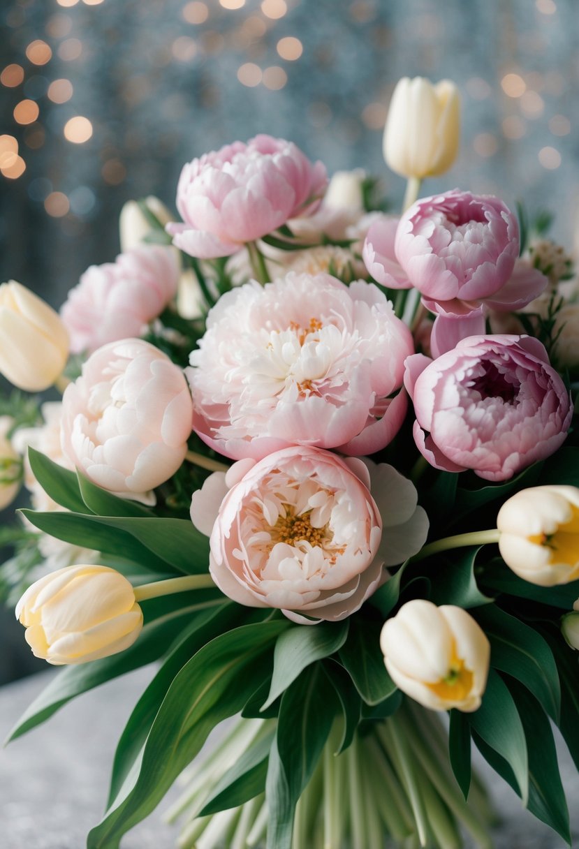 A lush bouquet of peonies and roses in a soft, ethereal mix, surrounded by delicate tulips