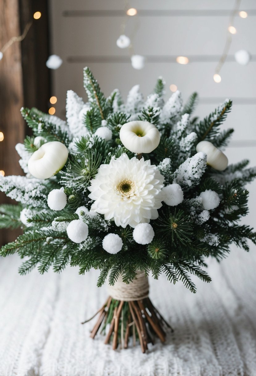 A bouquet of snowy white florals and evergreens arranged in a rustic, winter-inspired style