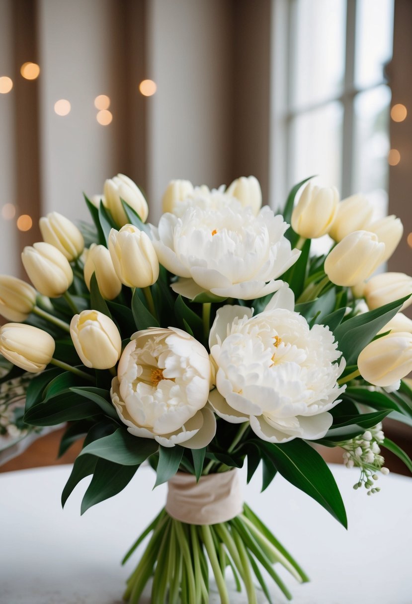 Cream peonies and elegant tulips arranged in a wedding bouquet