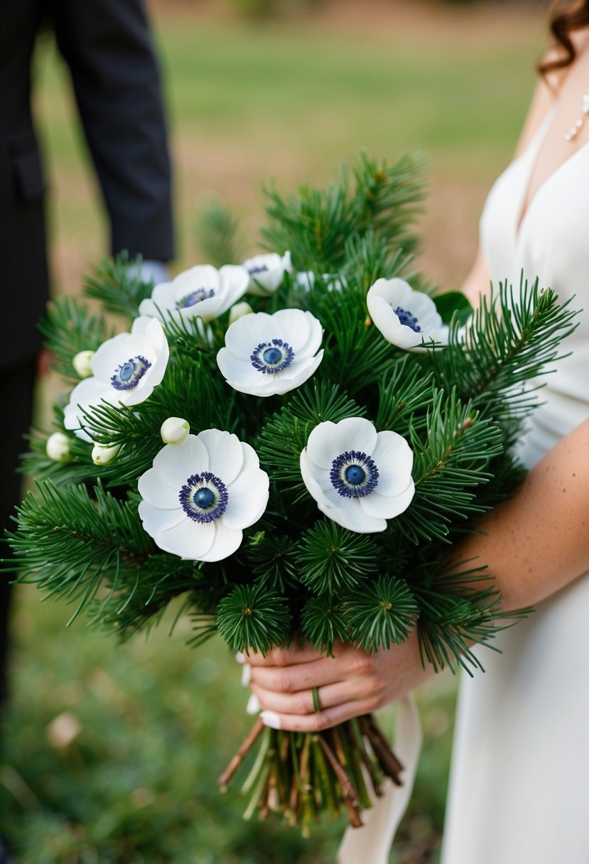 Anemones and fir branches arranged in a rustic wedding bouquet