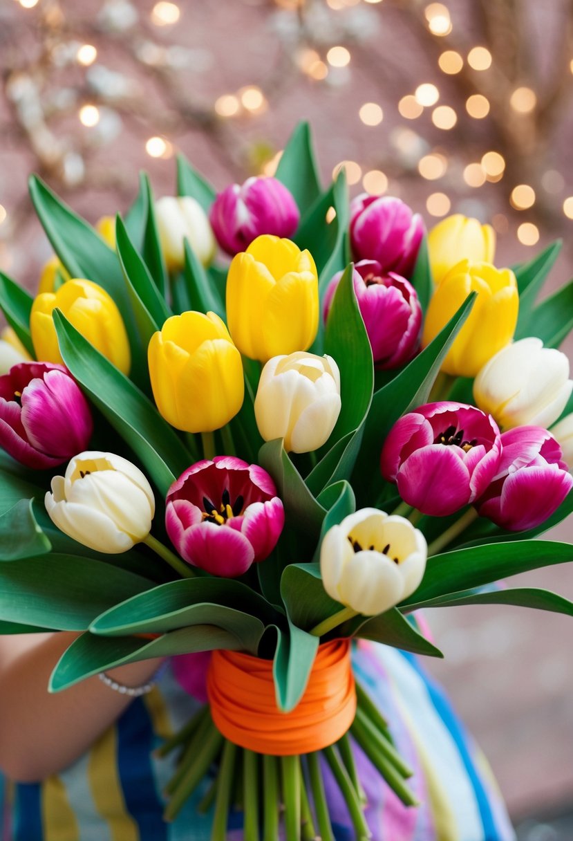 A colorful bouquet of handmade tulip and peony pieces arranged in a wedding bouquet