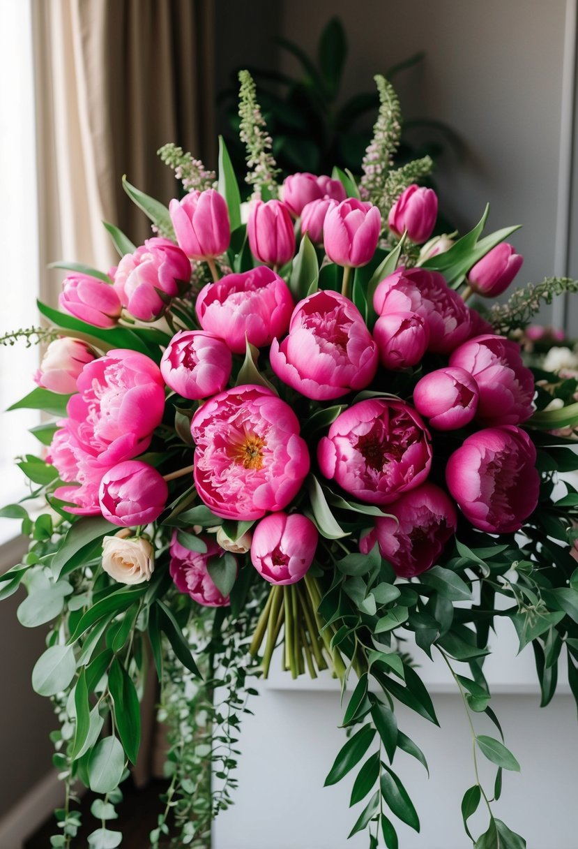 A lush bouquet of vibrant pink peonies and tulips, arranged in a cascading style with greenery accents