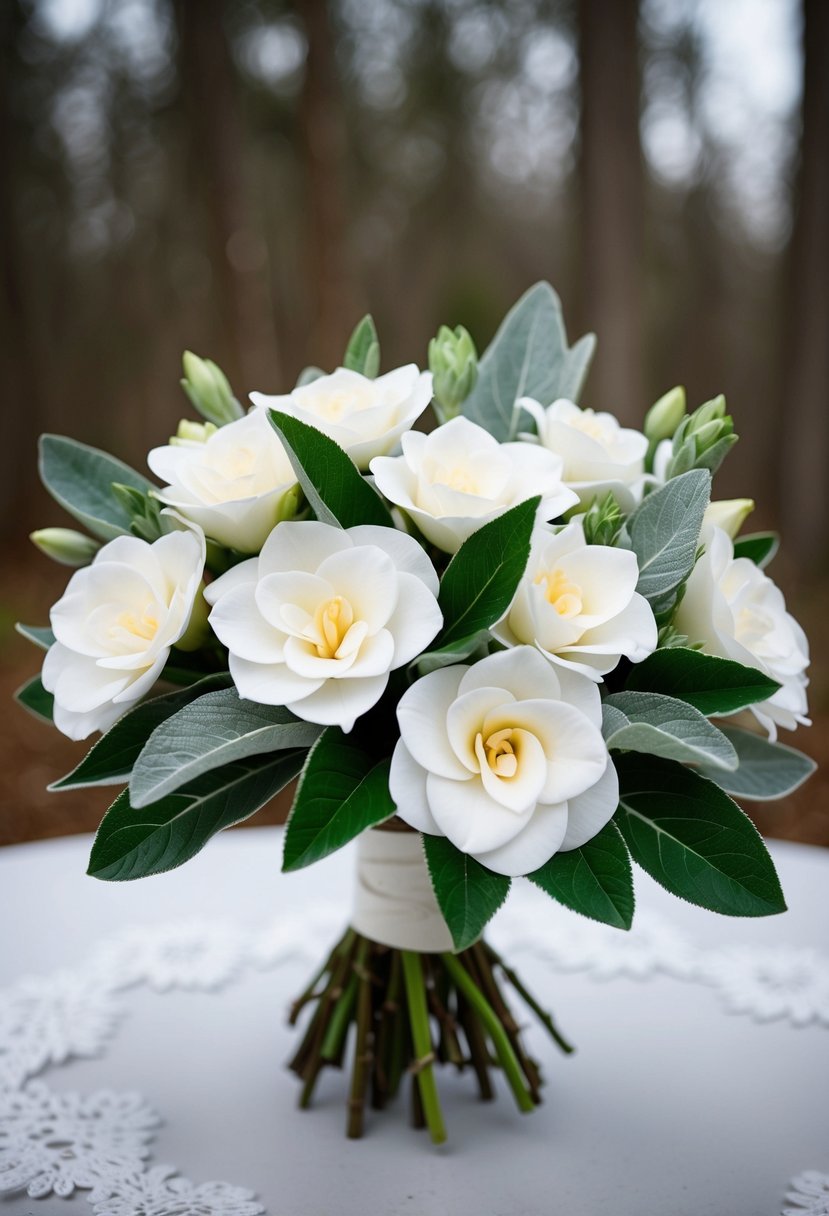 A bouquet of gardenias and sage leaves arranged in a delicate, January wedding setting