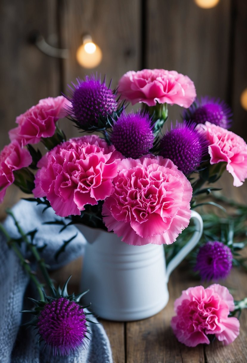 A bouquet of pink carnations and purple thistles arranged in a rustic, winter-themed setting