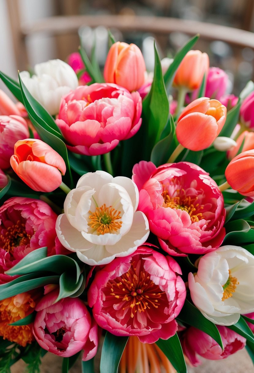 A vibrant bouquet of coral peonies and tulips arranged in a fusion of colors and textures, perfect for a wedding celebration