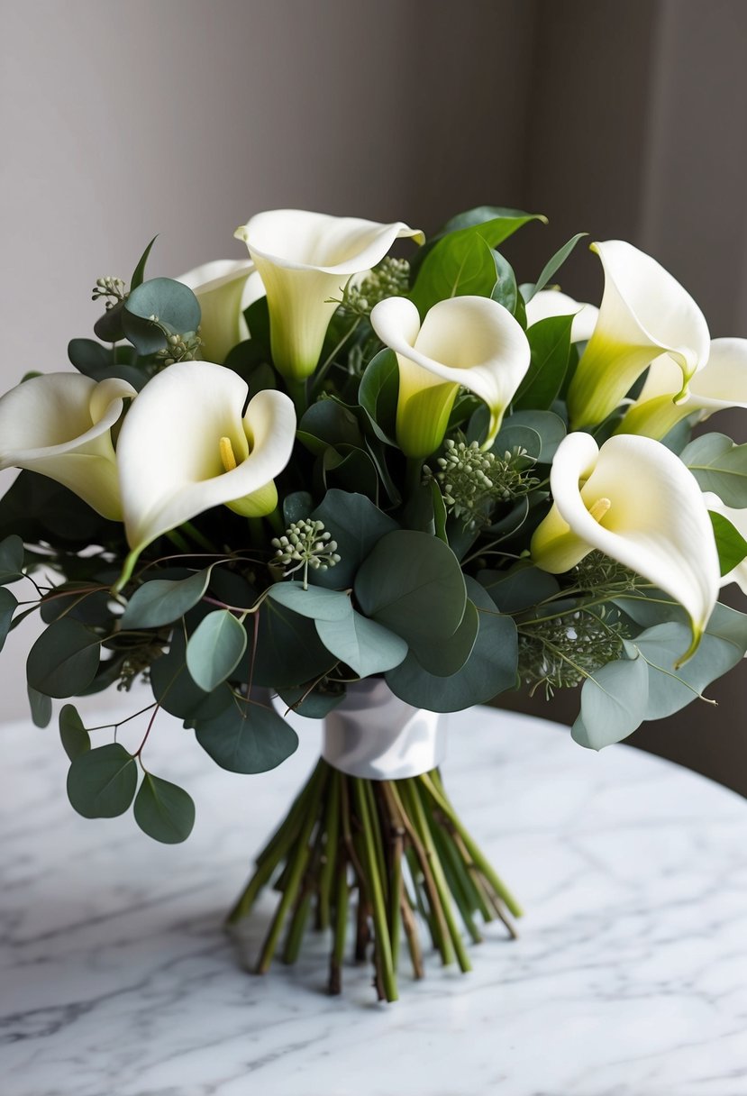 A white and green bouquet of calla lilies and eucalyptus, arranged in a modern and elegant style