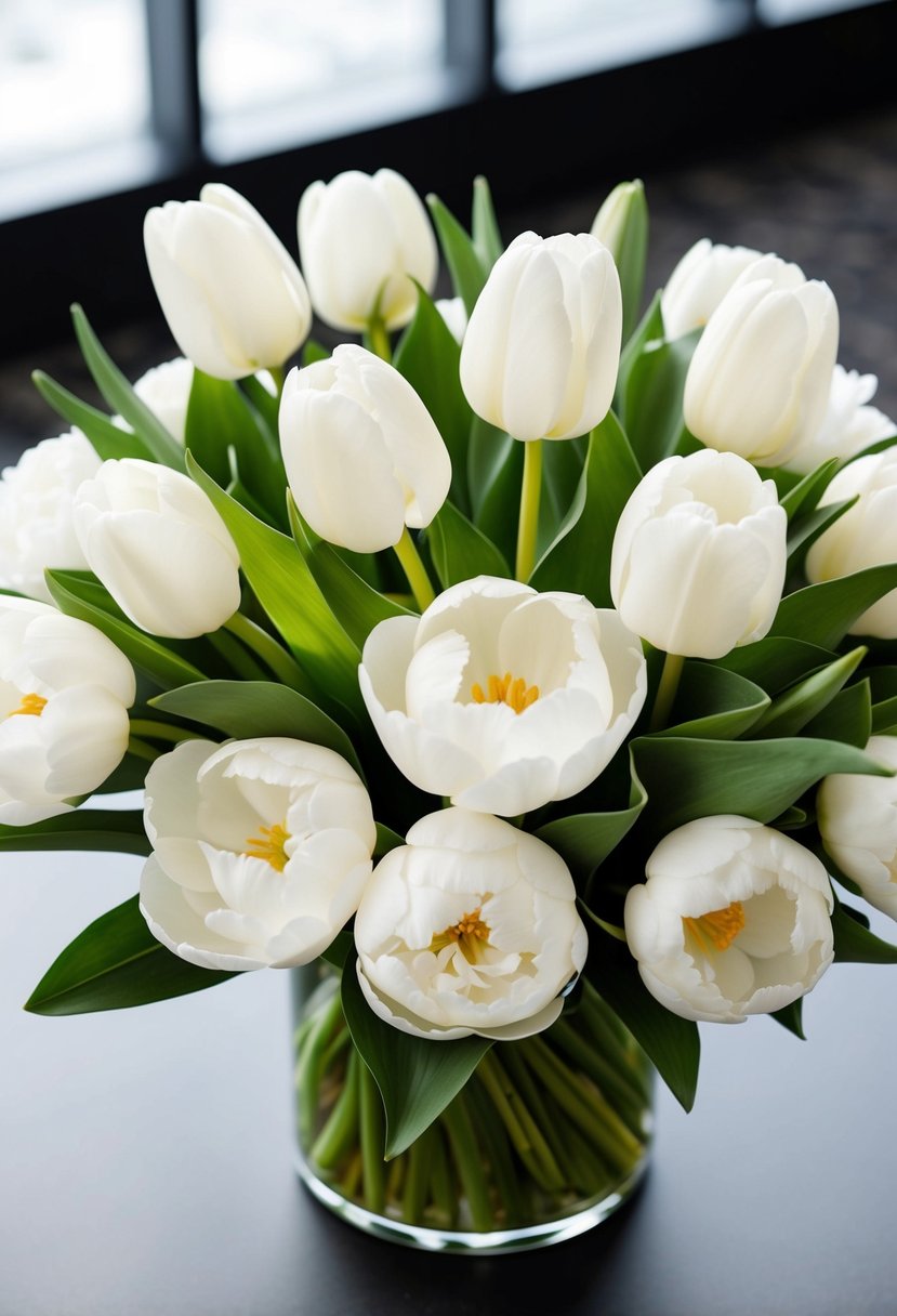 A modern wedding bouquet featuring white tulips and peonies, arranged in a sleek and elegant style