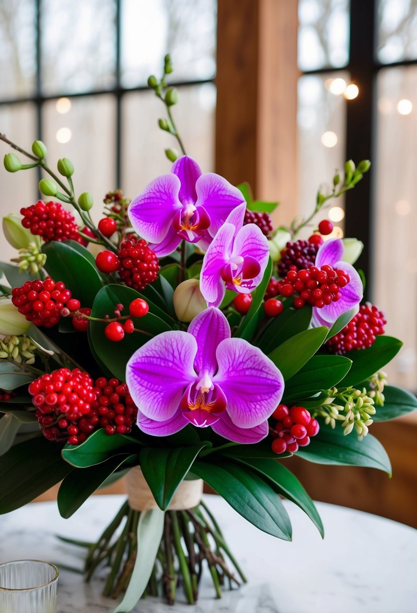 A bouquet of vibrant Hypericum berries and delicate Orchids, arranged in a January wedding theme