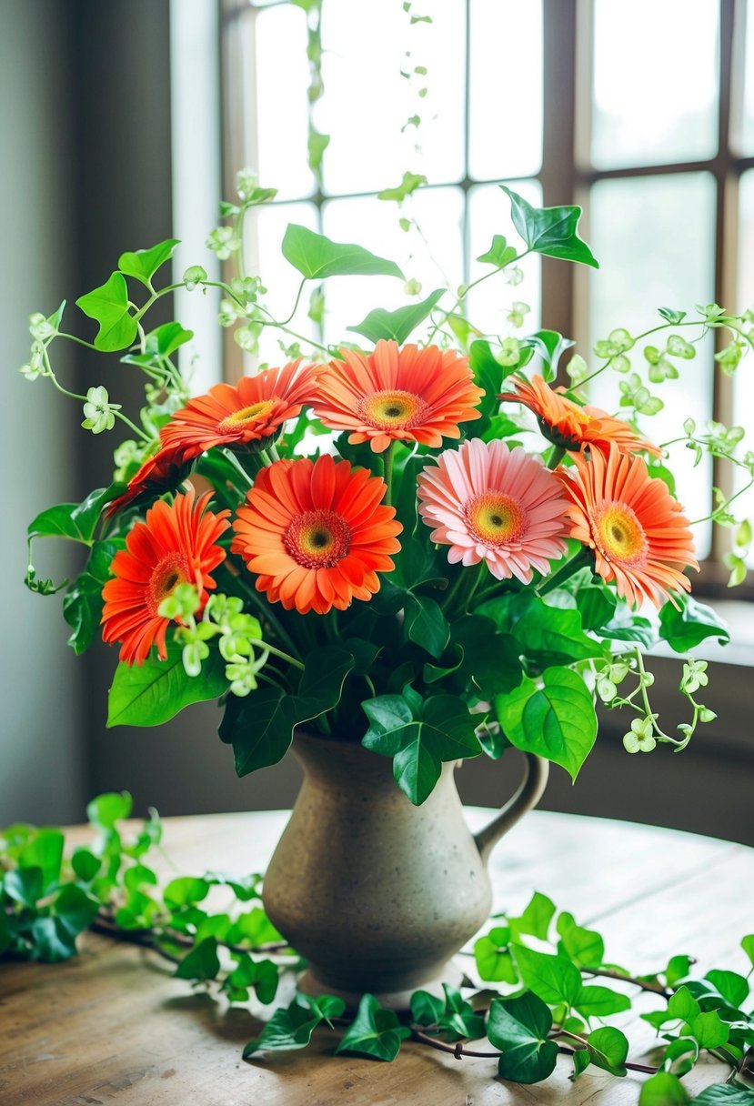 A lush bouquet of vibrant Gerbera daisies and delicate ivy, arranged in a rustic vase on a wooden table