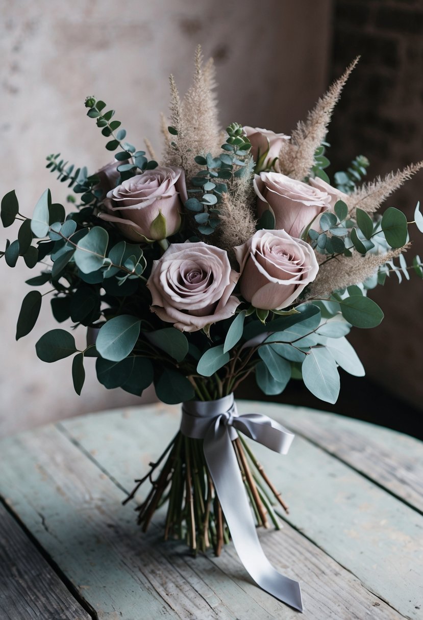 A bouquet of muted roses, eucalyptus, and dusty miller, tied with silk ribbon, sits on a weathered wooden table