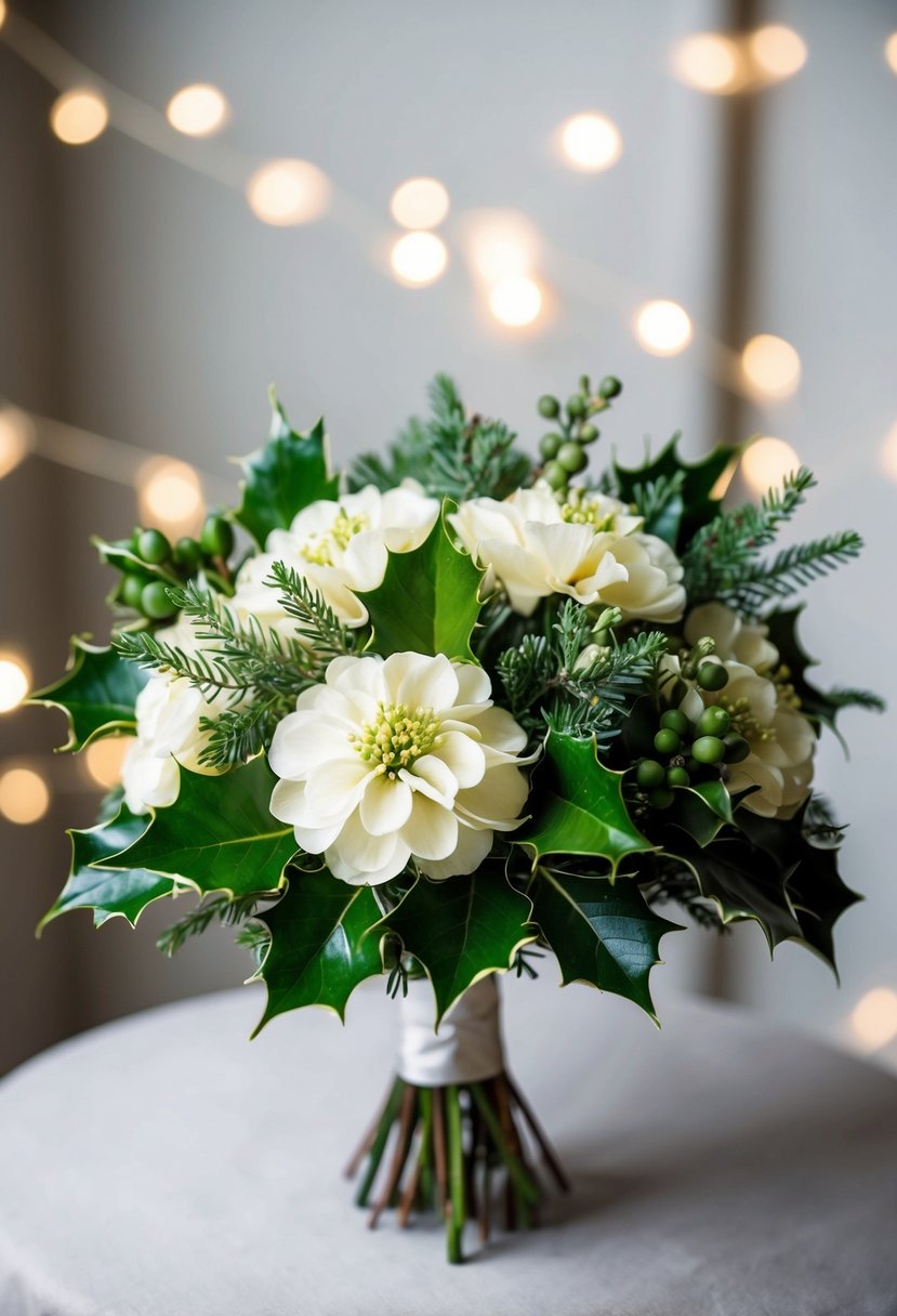 A bouquet of waxflowers and holly, arranged in a delicate and elegant manner, with a January wedding theme