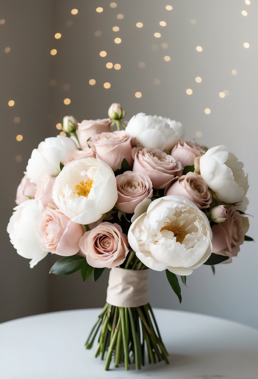 A delicate bouquet of blush roses and ivory peonies arranged in a neutral color palette