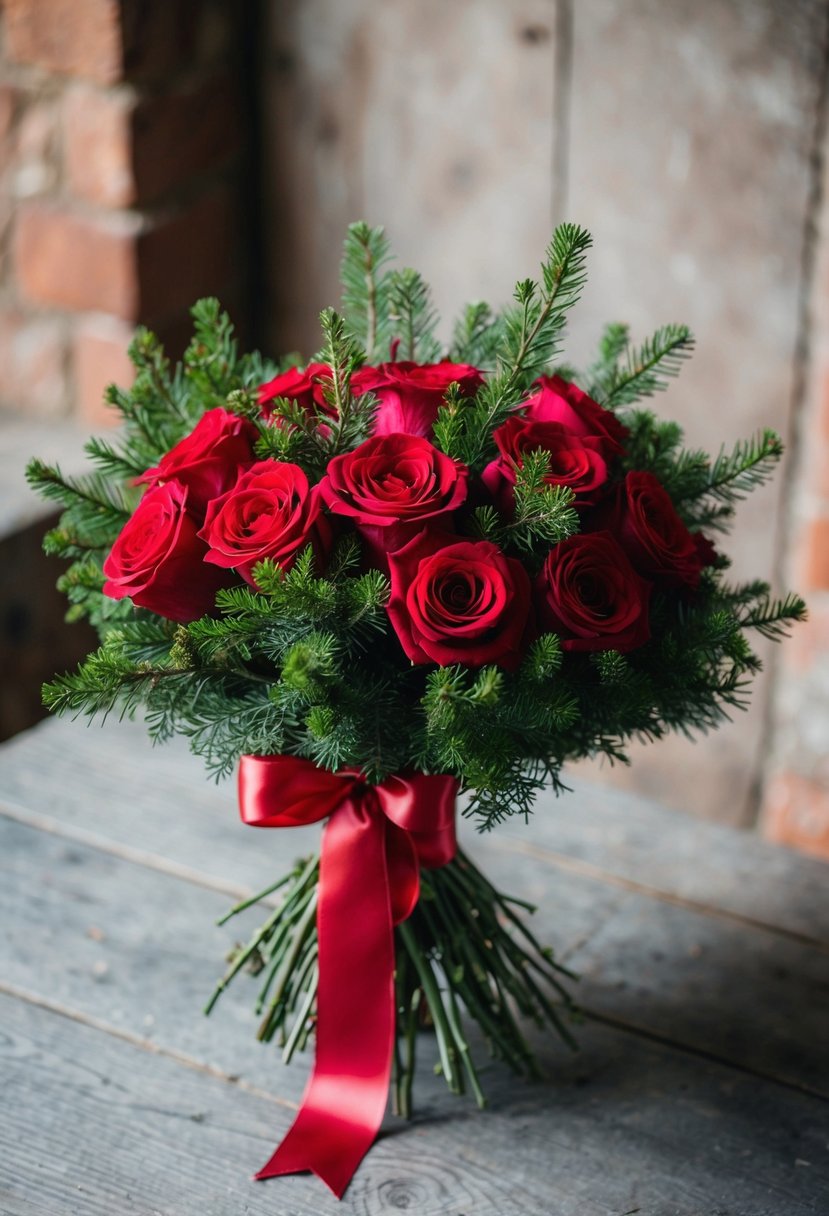 A lush bouquet of red roses and green juniper, tied with a satin ribbon, sits on a rustic wooden table