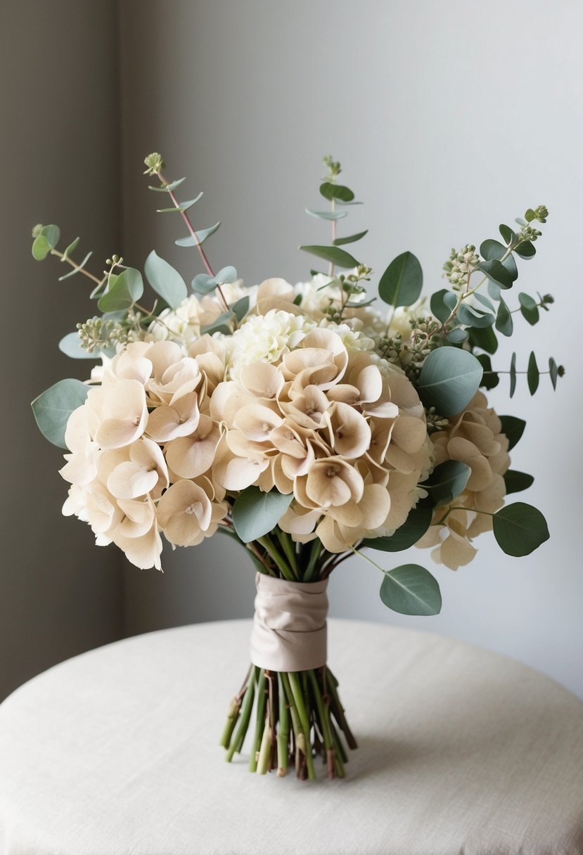 Beige hydrangeas and eucalyptus arranged in a neutral-colored wedding bouquet