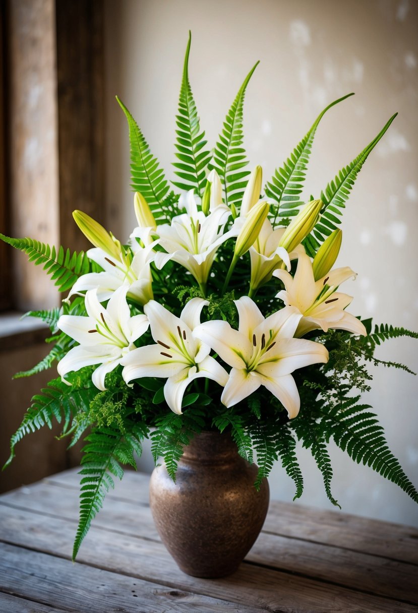 A bouquet of white lilies and ferns arranged in a rustic vase